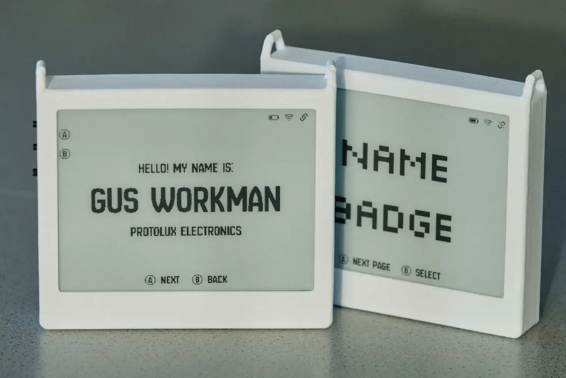 The Nerves conference name badge showing its e-ink display